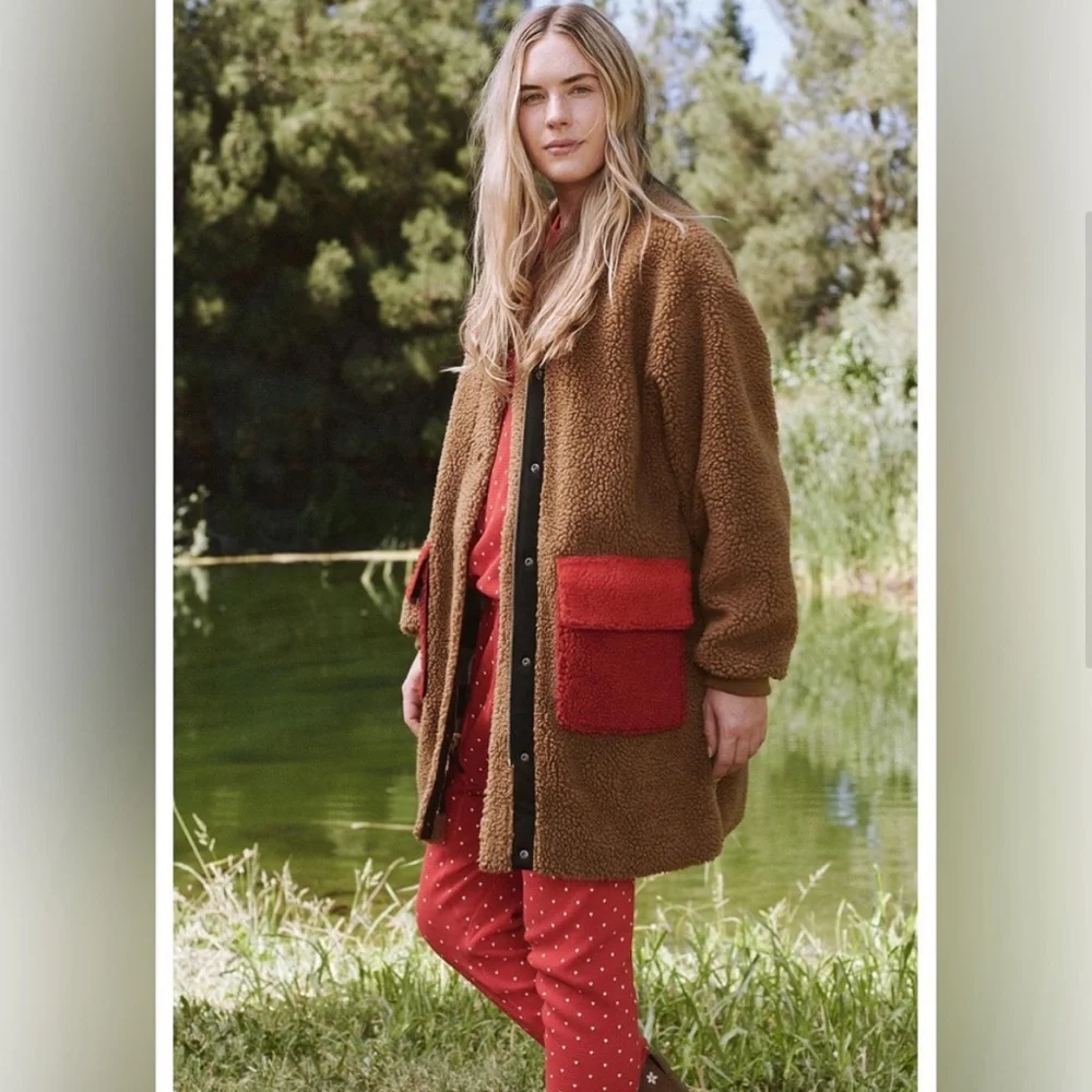 THE‎ GREAT x Eddie Bauer Women’s Color Block Plush Faux Sherpa Zip Up Long Coat - Picture 2 of 7